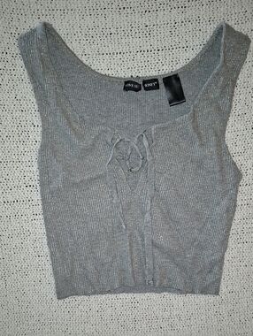 Gray Ribbed Lace-Up Tank Top